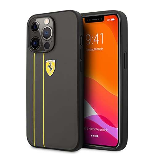 Image of CG MOBILE Ferrari Phone Case for iPhone 13 Pro Max in Gray with Two Yellow Lines, Real Leather Protective & Durable Case with Easy Snap-on, Shock Absorption & Signature Logo