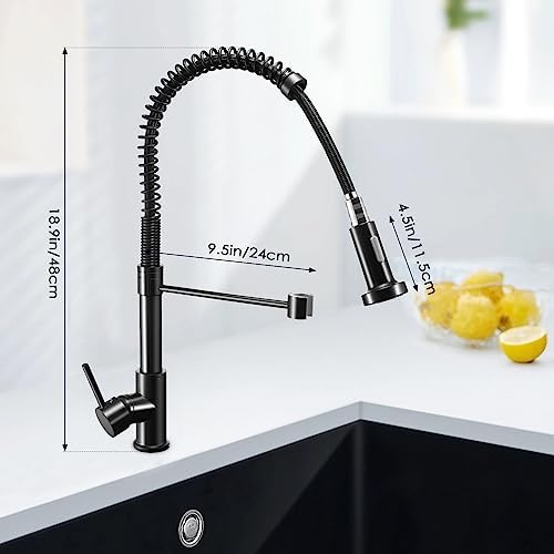 Yabumak Kitchen Taps Spring Kitchen Sink Mixer Tap with Pull Out Spray 360° Swivel Kitchen Sink Taps with 2 Modes Spray Single Handle Single Lever Chrome Kitchen Taps Mixer (Black)
