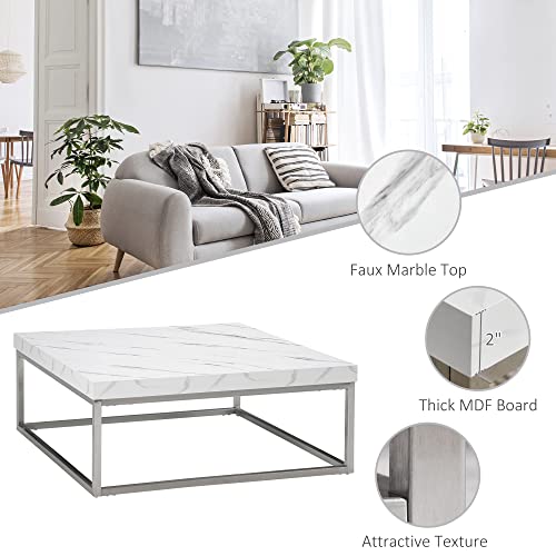 Homcom Square Coffee Table With Faux Marble Tabletop, Low Table For Sitting On The Floor, Stainless Steel Frame For Living Room, White #TOP4