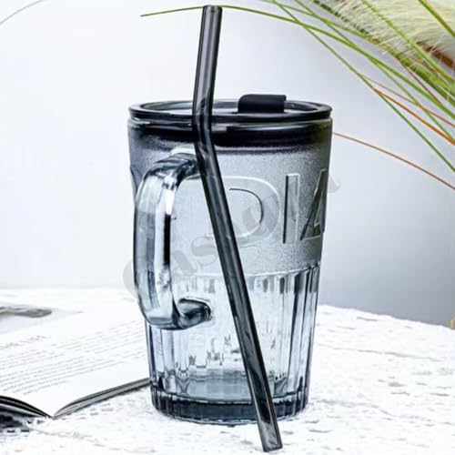 Image of Glass Tumbler with Airtight Lid and Straw - 450ml, Pack of 1, Travel Coffee Sipper Mug for Juice Cocktail Iced Tea Smoothie Hot Cold Drink Cup Home & Office (Receiving Random Color)