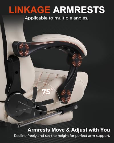 Image of Gaming Chair with Massage and Footrest, Big and Tall Ergonomic High Back PU Leather Computer Office Chair for Heavy Adults, Supports 350LBS, Ivory