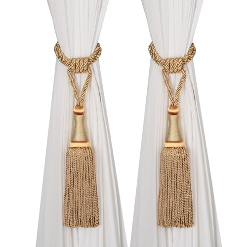 HedongHexi 2 Pack Large Tassel Curtain Tiebacks, Luxury Curtain Rope Tie Backs, Home Decorative Holdbacks Braided Tassel Tie-Backs (Gold, 2 Pack)