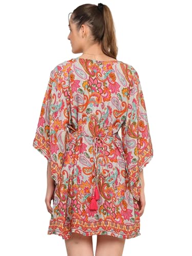 KE KANHA EXPORTS Dress for Women Short Boho Beach Western|V Neck Bell Sleeves One Piece Printed Dress Soft Silky Fabric Free Size Fits S-M-L