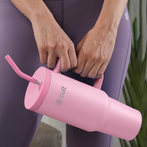 Image of CULT 1200ml Stainless Steel Insulated Tumbler with Handle, Straw & Cleaner Double Wall Vacuum Bottle for Hot & Cold Drinks Leakproof Travel Mug Reusable for Gym, Office & Travel Pink