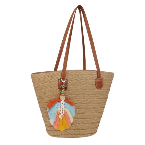 Bolsa de playa tejida con asa para mujer marrón miniatura 1