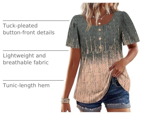 Image of Womens Tops Dressy Casual Blouses Short Sleeve Shirts Plus Size Fashion Clothing Spring Summer Outfits Button Pleated Front