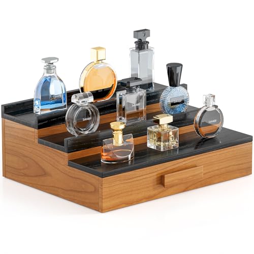Sueuapp Solid Walnut Wood Cologne Organizer for Men,3 Tier Cologne Stand Display Shelf with Hidden Compartment and Drawer,Perfume Stand Organizer,Perfume Display Holder,Great Gift for Men Father