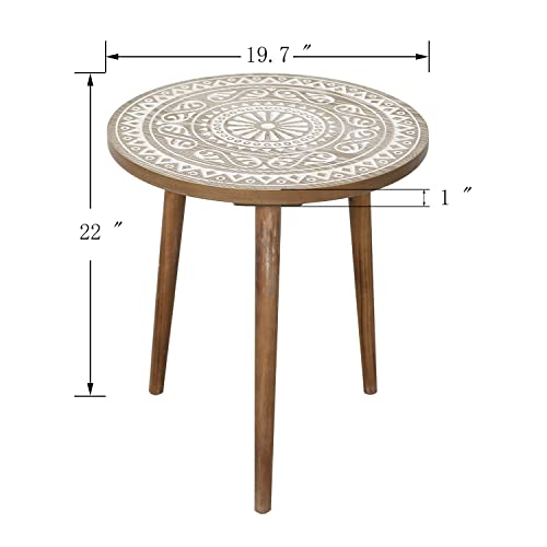 Moroccan Carved Style Round Side Table, Wooden End Table, Coffee Table,Nightstand/Small Tables For Living Room, Accent Tables, Side Table For Small Spaces,Easy-Assembly (Wooden 19.7×22") #TOP2
