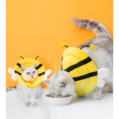 Image of MANON ROSA Cat Cone E-Collar: Soft After Surgery Elizabethan Collar Adjustable Cute Animal Design for Dogs Cats Puppies Kittens Rabbits Bunnies Prevents Licking (Bee,S)