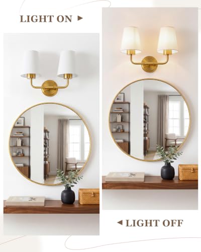 Image of Brushed Gold Bathroom Light Fixtures with White Fabric Shades | 2-light vanity light for bathroom hallway bedroom stairway, modern double wall sconces, AD-25052-2W-GD