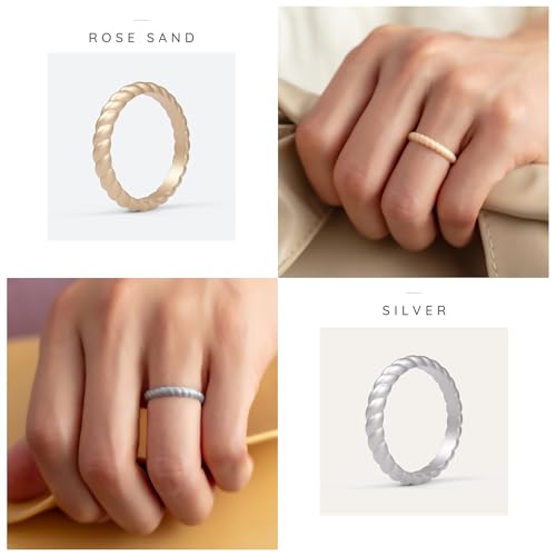 ThunderFit Thin Braided Silicone Wedding Bands for Women, Rubber Engagement Rings 3.5mm Wide 2mm Thick - 1/4/8/10/12/16 Variety Multipack3