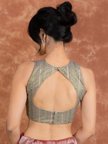 Image of FIGURE'S DESIGNER Women's Sequin Embroidered SabyaSachi Cut V Neck Sleeveless Readymade Saree Blouse E24
