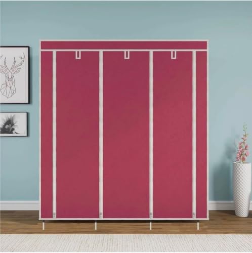 Image of Collapsible Wardrobe Closet for Clothes Storage, 8 Shelf Portable Fabric Almirah, Foldable Clothes Organizer with Plastic Frame, Space Saving Cupboard for Bedroom (Maroon)