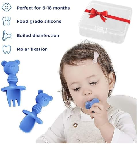 Aputue Yürümeye başlayan çocuk mutfak gereçleri seti, Silikon kendini besleme çatal kaşık seti, BPA içermez, kolay kavrama, taşıma çantası ile, bebek ve çocuklar için güvenli yemek takımı - Görsel 6