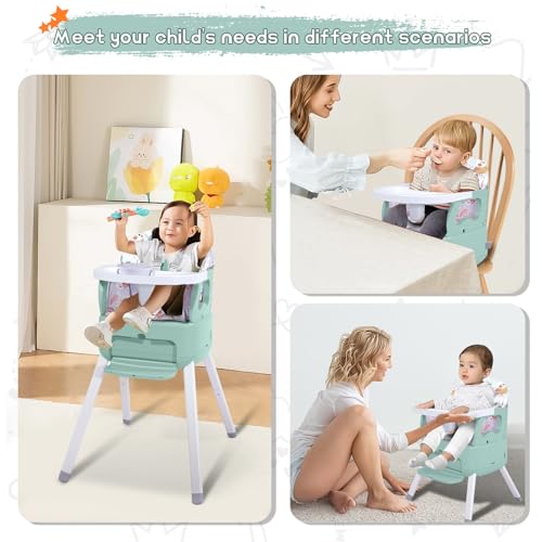 4 in 1 portable baby high chairconvertible highchair for babies and toddlers-foldable infant booster seatcarry small boxdining chairtoddler high chair with 5-point harnessremovable tray-green