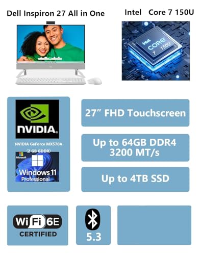 Image of Dell 27 All-in-One Desktop Computer, 27 inch FHD IPS Touch Display, Core 7 150U, NVIDIA GeForce MX570A, 32GB DDR5, 1TB SSD, Wireless KB & Mouse, Windows 11 Pro for Business & Study