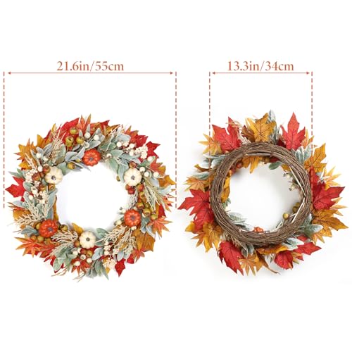 Weldomcor Autumn Wreath for Front Door, 55cm/22inch Large Autumn Door Wreath with Maple Leaves Pumpkins Berries Fall Wreath for Home Wall Window Wedding Party Halloween Thanksgiving Decorations - Image 3