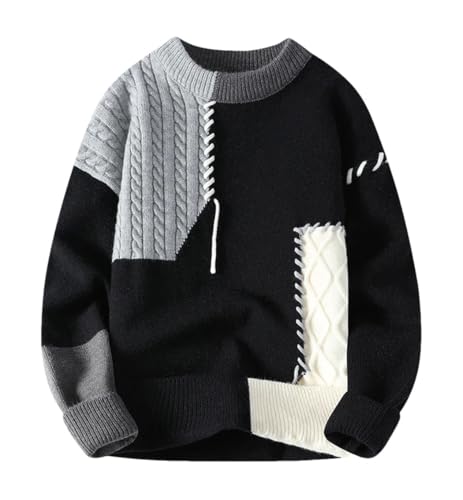 Men's Winter Patchwork Crewneck Knit Pullover Warm Loose Casual Streetwear Y2k Knitted Sweater