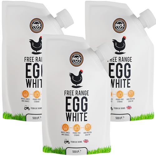 Peck Free Range Egg Whites Liquid 3 x 500ml Pouches | 15 UK Free Range Egg Whites Per Pouch | from UK Farms & in a Resealable Pouch | High Protein | for Baking Shakes Omelettes & Cocktails