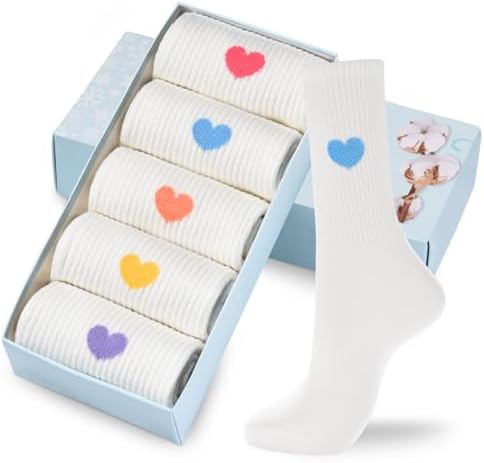 Corlap Women’s Crew Calf Cotton Socks – Soft Ankle High Dress Casual Socks, Fun Cute Novelty Heart (5 Pairs Gift Box)‌