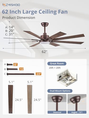 Image of ZMISHIBO 62 inch Oil Bronze Farmhouse Ceiling Fan with Light and Remote, Indoor /Outdoor Rustic Brown Ceiling Fan for Living Room Patio, 6 Speed Reversible Quiet DC Motor, 3 CCT, Dual Finish 8 Blades