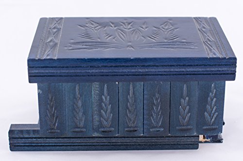 Kalotart Jewelry And Puzzle Box 2 In 1 - Handmade Wooden Case With Hidden Key And Removable Compartments - Beautiful Classical Wooden Carved Jewelry Puzzle Box (Blue) #TOP4