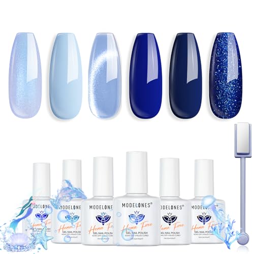 modelones Blue Gel Nail Polish 6 Colors Spring Summer Hema Free Pastel Royal Navy Sky Icy Klein Dark Blue Glitter Gel Polish Galaxy 9D Cat Eye Nail Polish with Magnet Soak Off Led Nail Art Kit