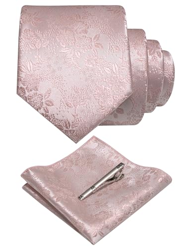 JEMYGINS Silk Blush Pink Floral Tie Necktie and Pocket Square Hankerchief and Tie Bar Clip Sets for Men(62)