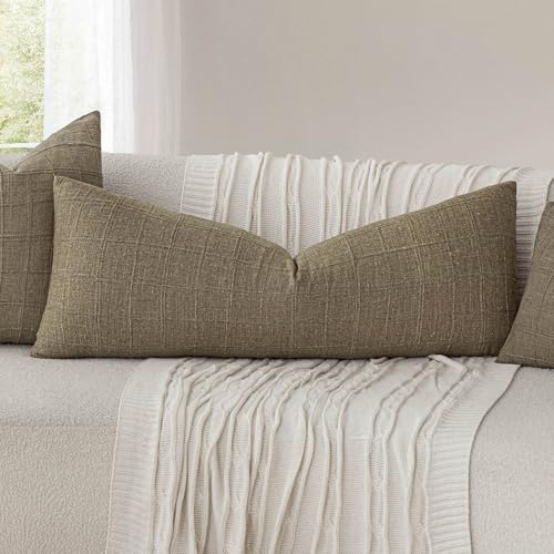 Image of Foindtower Set of 1 Decorative Linen Check Throw Pillow Cover Neutral Long Body Lumbar Cushion Cover Farmhouse Vintage Boho Home Decor for Sofa Chair Couch Bedroom Living Room,14x36 Inch,Light Brown