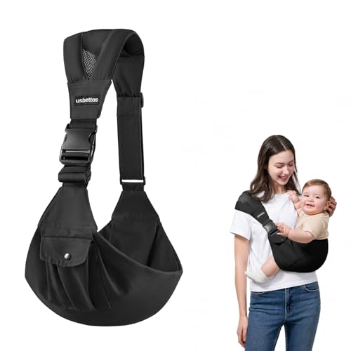 Image of Baby Sling Carrier with Wide Shoulder Padding, 100% Cotton | Adjustable Waist Strap, Ergonomic Hip, Storage Pocket, Hands-Free & Comfortable, for Toddlers 4-36 Months (8-35 lbs)