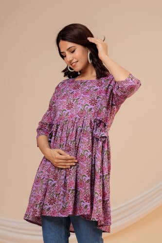 Image of THE Moon Star Women's Cotton Floral Printed Anarkali Maternity Feeding Kurti | Breastfeeding Dress for Mothers | Zipper Feeding Kurti, Nursing Kurti, Comfortable and Trendy Maternity Wear