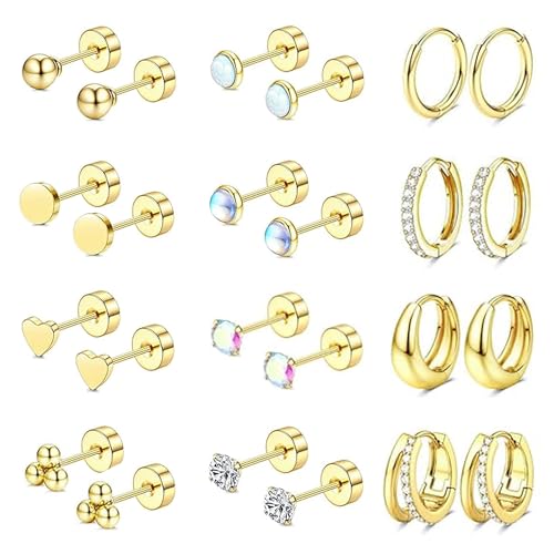 Hypoallergenic Flat Back Earrings for Women Surgical Steel Earrings for Sensitive Ears 20G Stainless Steel Earring Stacks Small Flatback Stud Hoop Cartilage Earring Set for Multiple Piercing Jewelry