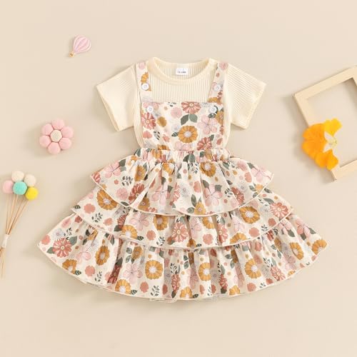 Image of Toddler Baby Girl Summer Clothes Kids Short Sleeve Solid T-Shirt Ruffle Daisy Skirts Overalls Dress Outfit 18M-6T