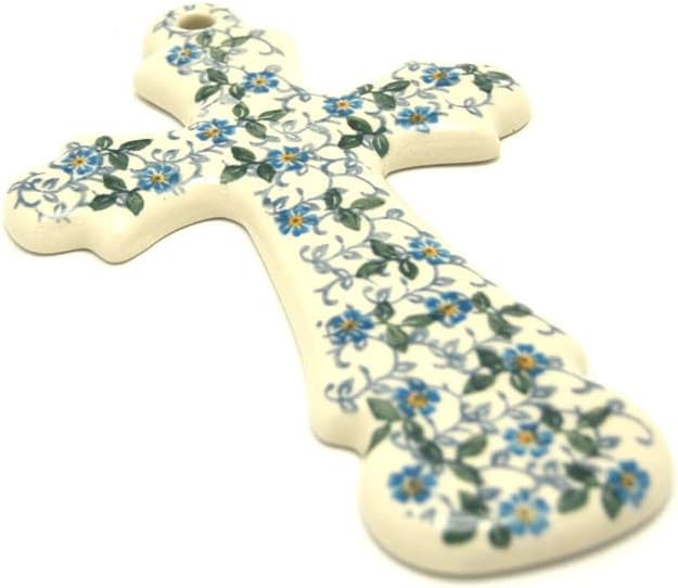 Polish Pottery Cross - Large (8") - Forget-Me-Knot