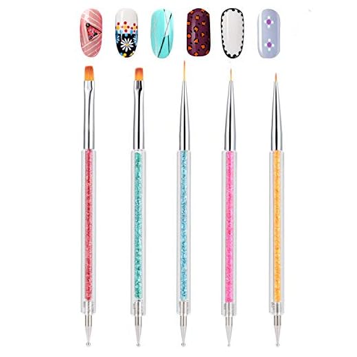 Double-Ended Nail Art Brushes, TEOYALL 5 PCS Nail Design Tools Kit Including Nail Liner Brush and Nail Dotting Pens for Acrylic Nail Home Salon