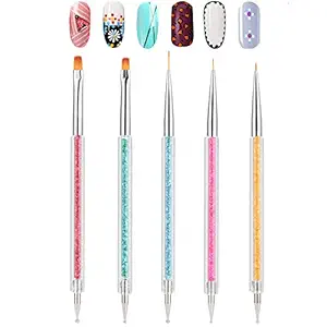 Double-Ended Nail Art Brushes, TEOYALL 5 PCS Nail Design Tools Kit Including Nail Liner Brush and Nail Dotting Pens for UV Gel Nail Home Salon