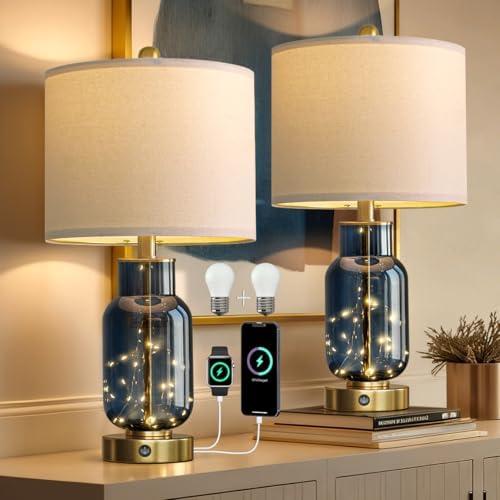 Oneach 22" Glass Table Lamps Set of 2 with LED Nightlight for Bed...