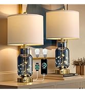 Oneach 22" Glass Table Lamps Set of 2, Blue Modern Bedside Lamp with LED Night Light for Living R...