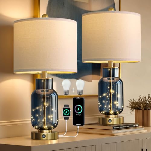Oneach 22' Glass Table Lamps Set of 2, Blue Modern Bedside Lamp with LED Night Light...