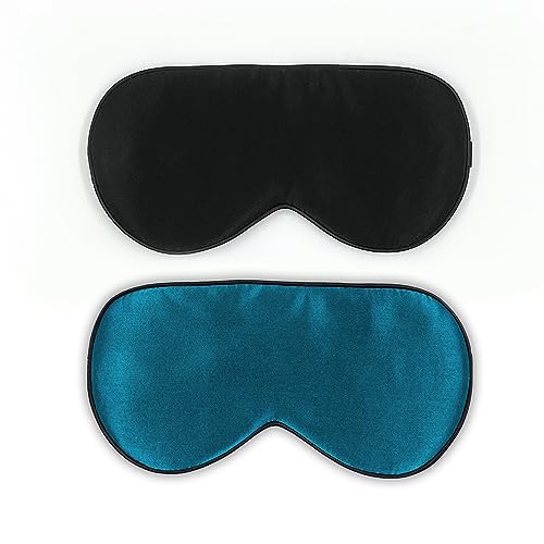 townssilk 2 mascherine per dormire, con cinghia regolabile, comode e super morbide, in 100% seta, eccellente aiuto per dormire, 1 mascherina nera e 1 mascherina blu pavone