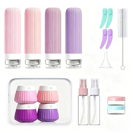 Botellas de viaje para rellenar, 18 unidades de botellas de viaje de silicona, recipientes de viaje para artículos de tocador, con bolsa transparente, botellas de tamaño de viaje recargables, con