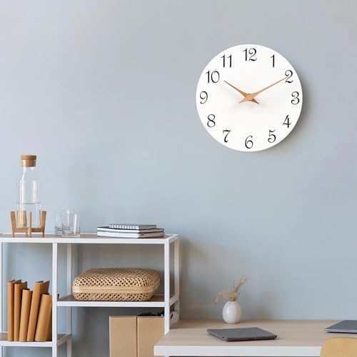 Image of Mosewa Wall Clock White Silent Non Ticking Battery Operated Simple Minimalist Wooden Clock Decorative for Home Bedroom Living Room(14 Inch)