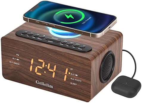 Gelielim Wooden Alarm Clock FM Radio, Bluetooth Alarm Clock with 10W Fast Wireless Charging, Digital FM Radio,USB Charging Port, Dimmer, Timer/Snooze, Auto Time Setting, Alarm Clocks for Bedroom