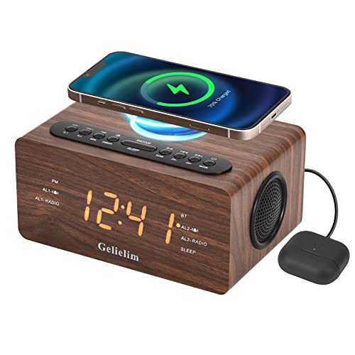 Gelielim Wooden Alarm Clock Fm Radio, Bluetooth Alarm Clock With 10W Fast Wireless Charging, Digital Fm Radio,Usb Charging Port, Dimmer, Timer/Snooze, Auto Time Setting, Alarm Clocks For Bedroom #TOP24