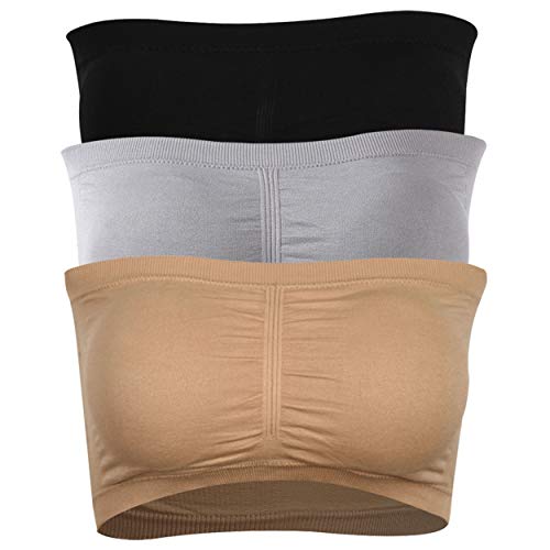 DD DEMOISELLE Women's Strapless Bra, Summer Wirefree Stretch Tube Tops Seamless Padded Bandwau Bra Novelty Nursing Bra Workout Exercise Bra Sports Bra Yoga Bra 3-Pack, Black Beige Grey, XXXL