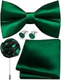 Ailisus Mens Emerald Green Bow Tie and Pocket Square Cufflinks Lapel Pin Set Silk Pre-tied Bowtie Adjustable Wedding Party Business