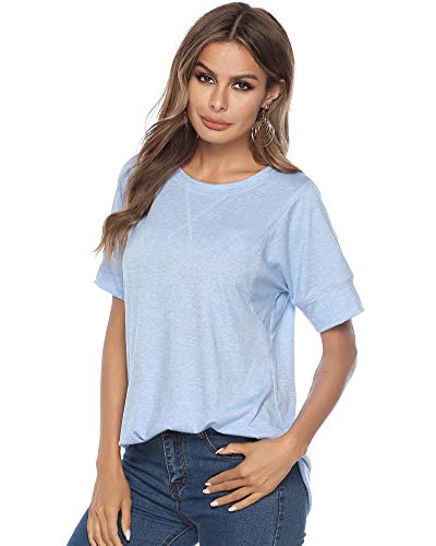KUFV Womens Solid Color Round Neck Short Sleeve Top Tshirts Casual Loose Blouse Sky Blue