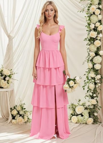 Tiered Ruffle Bridesmaid Dresses for Women 2025 Long Chiffon Formal Evening Dress with Slit3