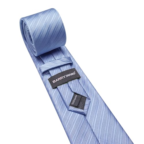 Image of Barry.Wang Solid Striped Tie for Men Silk Necktie Pocket Square Cufflinks Formal Wedding Party Business