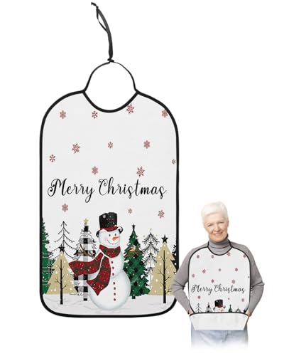 Merry Christmas Adult Bibs for Eating, Waterproof Bibs with Food Catcher & Adjustable Snap Closure, Winter Snowman Xmas Tree Snowflake Washable Clothing Protectors Adult Bibs for Elderly Women/Men
